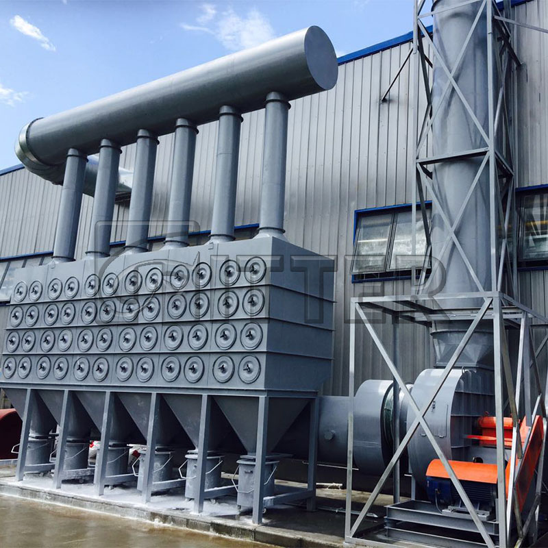 Pulse filter cartridge side extraction dust removal